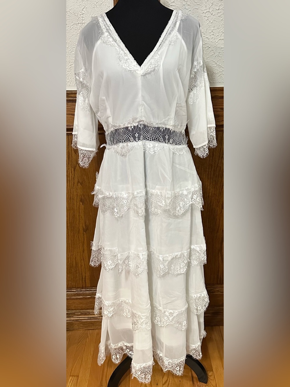 White Lace Tiered V-Neck Maxi Dress